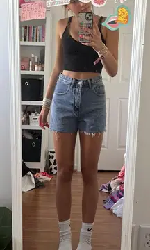 mid wash denim shorts