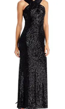 Eliza J Black Sequin Cross Cross Halter Long Formal Dress