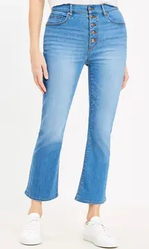 Loft Curvy Button Front High Rise Kick Crop Jeans in Bright Mid Indigo Wash