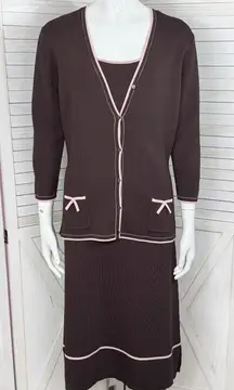 Max Studio Cardigan Sleeveless Shift Midi Dress Set Brown Pink Small