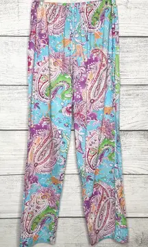 Bohemian Paisley Print Wide Leg Pajama Pants Size Medium Blue Pink Green Orange