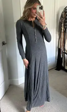 Round Neck Button Long Sleeve Flare Maxi Casual Dress