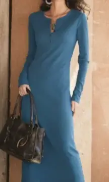 Peruvian Connection Waffle Henley Maxi Dress Steel Blue Casual Size Large