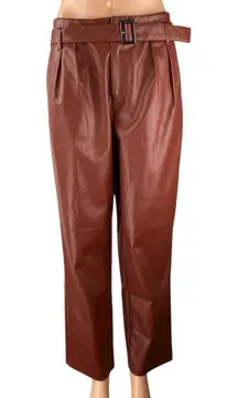 Who What Wear Brown High Rise Faux Leather Vegan Belted Pleated Trousers Pants 6