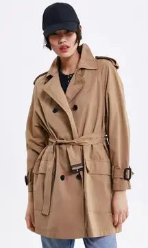 Belted Double Breasted Short Trench Coat Jacket Classic Camel Beige