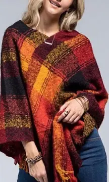 Pumpkin Spice Boucle V-Neck Yarn Plaid Pancho Shawl Fringe Brand New