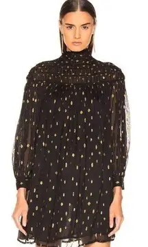 frame denim NEW Frame Dress Smocked Long Sleeve Metallic Dress Black Gold Size S