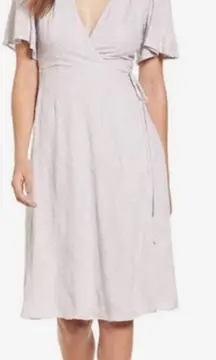 ASTR Womens Modest Embroidered Short Sleeve Tie Wrap Midi Dress‎ Size S Lavender