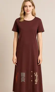 Vintage Blue Cactus Maxi Dress Size Medium Maroon Short Sleeve Southwestern USA