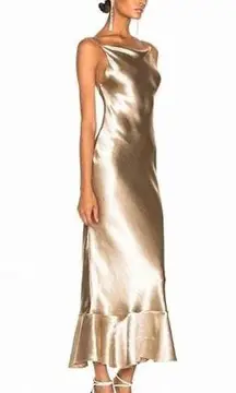 Saloni Satin Champagne Gold Backless Ruffle Hem Cowl Neck Midi Dress Size 8