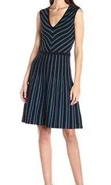 ANNE KLEIN Women's Dress Large Black Juniper Flare Striped V-Neck Sleeveless