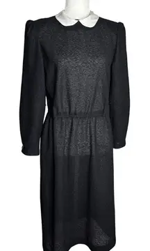 Vintage 70s Long Sleeve Knit Dress Medium Sheer Black Peter Pan Collar Zipper