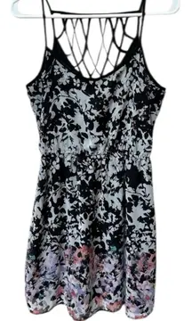 Strappy Floral Fit & Flare Mini Dress Size Small Black Pink Spring Summer