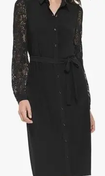 Tommy Hilfiger Lace Sleeve Jersey Knit Shirt Dress Black 10