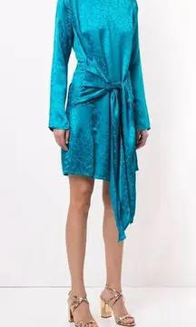 The Andamane Knot Front Teal Mini Satin Dress Long Sleeve Womens Size XS