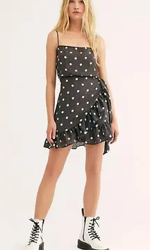 Free People Black Striped Polka Dot Olivia Wrap Slip Dress