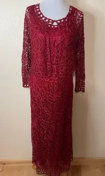 Soulmates red floral lace silk beaded hand crocheted maxi dress & jacket SET L