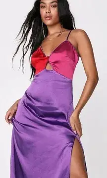 LULU’s Chic Combo Purple Color Block Satin Twist Front MIDI Dress NWT Size XL