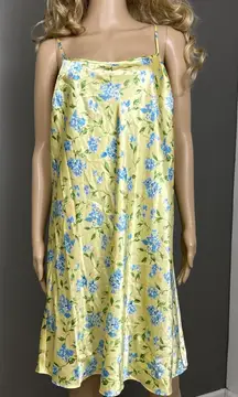 Vintage Satin Slip Dress Plus Size 2X Floral Yellow Blue Nightgown Chemise Avon