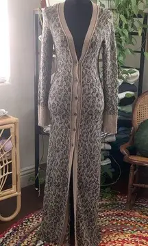 Free People Kitty To The Max Leopard Knit Button Down Longline Maxi Sweater