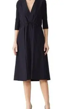 JIL SANDER NAVY Cotton Hourglass Woven Drawstring V-Neckline Dress Size 34