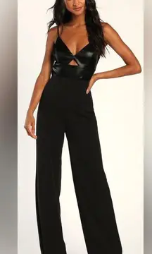 NWOT Fit the Fashion Black Sleeveless Vegan Leather Wide-Leg Jumpsuit