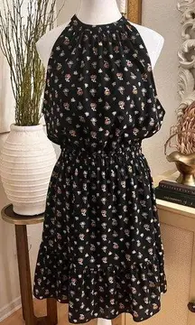 WILFRED ARITZIA Black Floral Effet Cinched Halter Dress Size Large‎