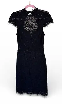 Bebe Black Lace Sheath Mini Dress Womens XS Whimsigoth Formal LBD Fringe Classic