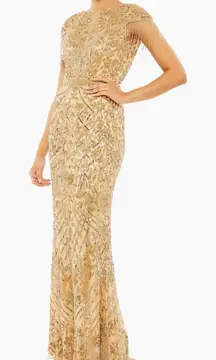 Mac Duggal 4715 Size 12 Embellished Fringe Cap Sleeve Trumpet Gown, Light Gold