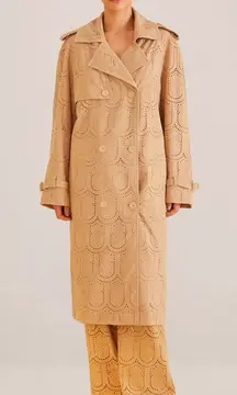 Farm Rio Khaki Pineapple Cotton Eyelet Trench Coat Size Large Neutral Bohemian