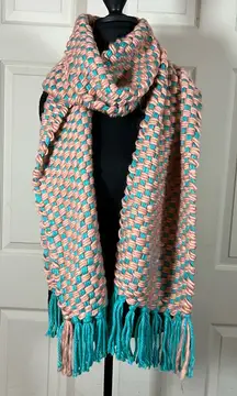 Anthropologie Woven Knit Scarf in Teal and Peach
