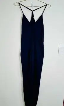 Women’s Blue Sleeveless Jumpsuit Size Large Soft Casual Drawstring Waist Stretch