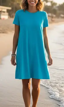 EILEEN FISHER Crew Neck T-Shirt Dress Women's L Aqua Blue Relaxed Fit Coastal