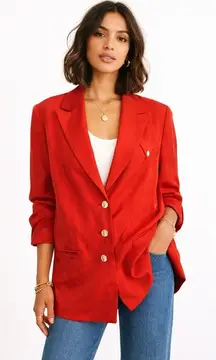 Vintage 80s Neiman Marcus Red Silk Blazer Jacket Women's Size 10 Single Breasted