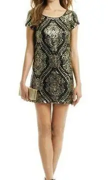 Slate + Willow  Mae Gold & Black Sequin Vegas Style Shift Mini Dress Size 8