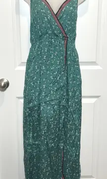 Billabong Floral Maxi Dress Green White Spaghetti Straps Wrap Large Sundress