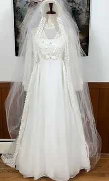 Darling Vintage 1960s/70s Wedding Gown & Cathedral Length Veil!
