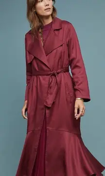 Anthropologie Cabernet Trench Coat Ruffle Hem Duster French Mauve EUC Size XL