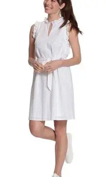 London Times White Eyelet Ruffled Neck and Armhole Mini Dress with Waist Tie