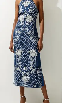 Karen Millen Beaded Embellished Denim Woven Halter Midi Dress Sz 8 NWT