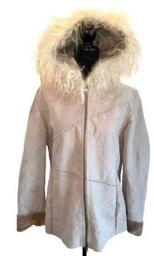 Vintage Winlet Ivory Braided Leather Suede Mongolian Fur Hooded Jacket Coat Sz L