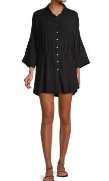 L*Space Black Pacifica Button Down Cinch Waist Mini Tunic Dress