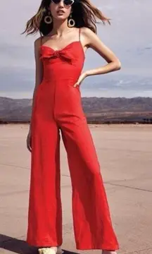 GIANNI BNI Red Linen Spaghetti Strap Wide Leg Jumpsuit Tie‎ Bow Front Size 4 New