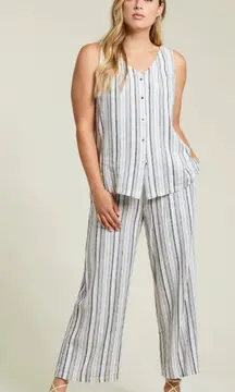 Tribal Striped Linen 2‎ Piece Blouse Pant Set Womens Size Medium Boho Wide Leg