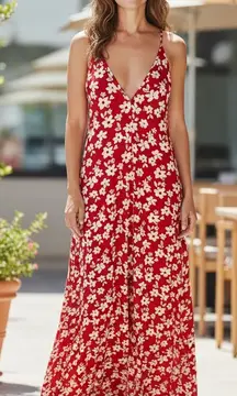 Cactus Red Floral Jumpsuit wide leg T back strap Side hidden zipper NWT