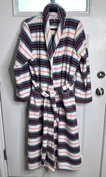 LL Bean striped plush cozy soft long robe size large women petite winter