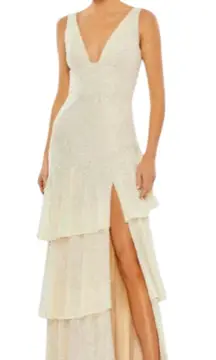 Mac Duggal NWT Iridescent Sequin Tiered Ruffle Maxi Gown Size 12 Formal Evening