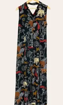 Vintage Jungle Dress Animals Black Sleeveless Cut Out‎ Button-Up Print