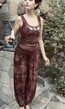 Purusha People Omen Top Genie Pants Set Tencel Natural Mystic Mahogany Large EUC