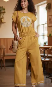 Umgee Mineral Wash french Terry Jumpsuit Size small in honey nwt